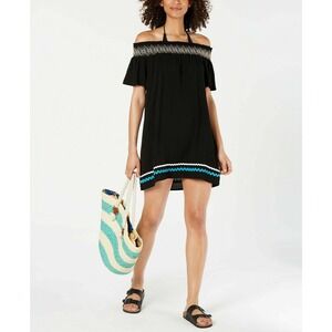 MIken Embroidered Off-The-Shoulder Swimsuit Cover-Up Dress Size Small Black NEW
